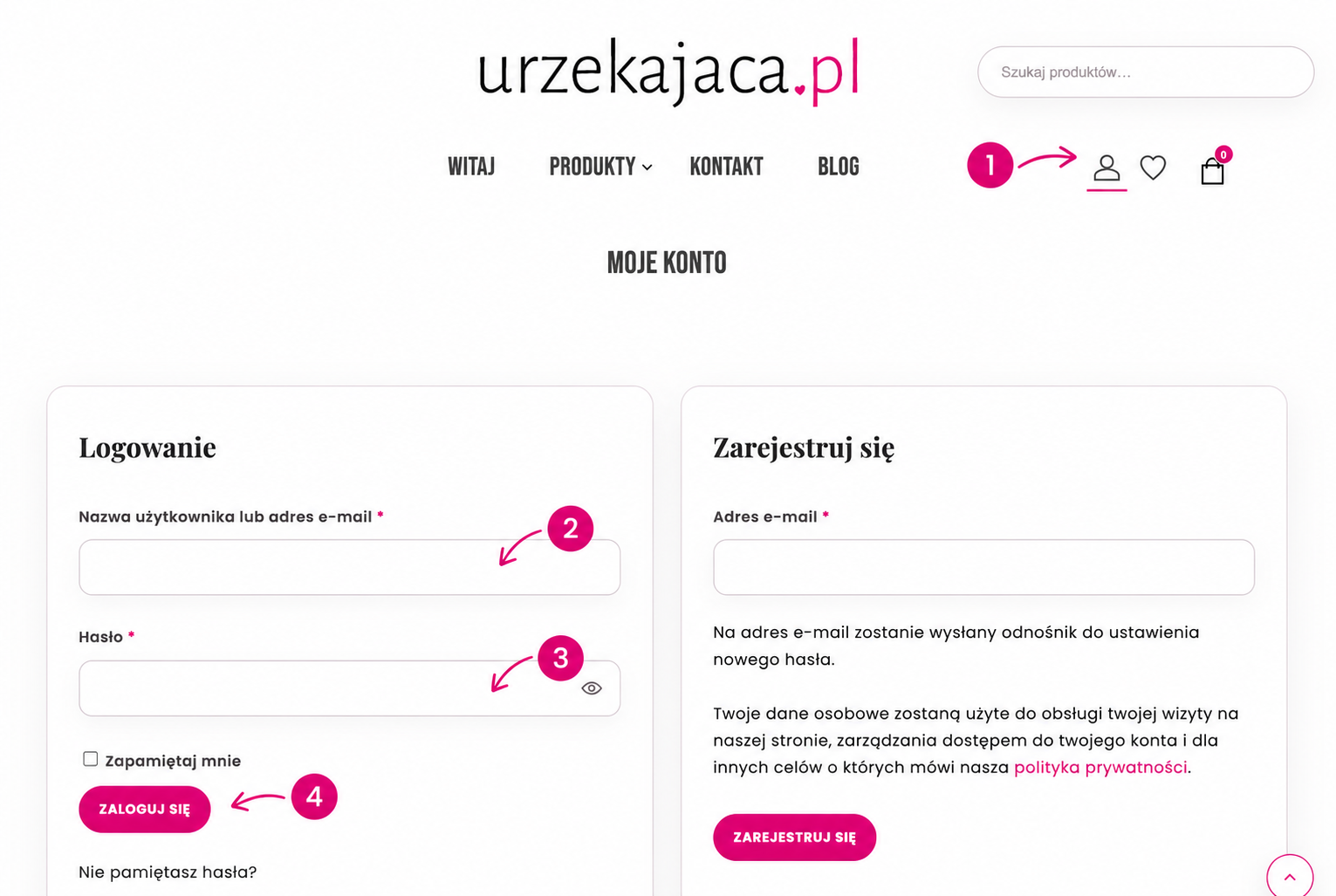Logowanie do sklepu Urzekająca: ikona konta, pole adresu e-mail, pole hasła i przycisk Zaloguj się