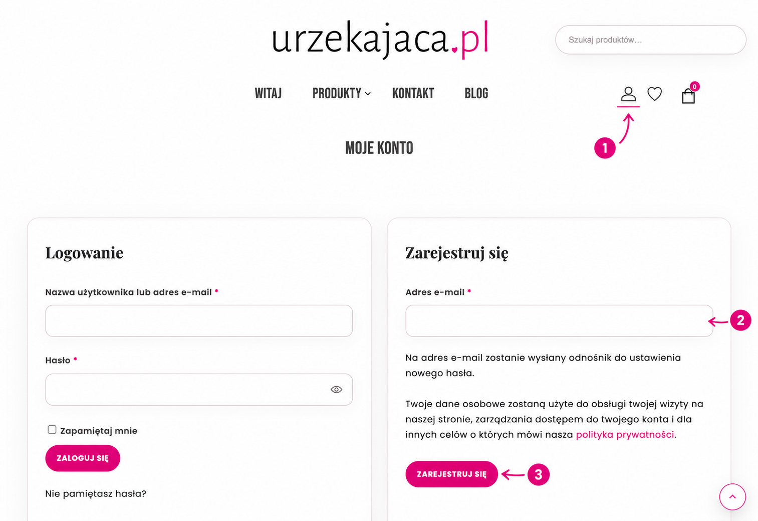 Rejestracja w sklepie Urzekająca: ikona konta, pole adresu e-mail i przycisk Zarejestruj się