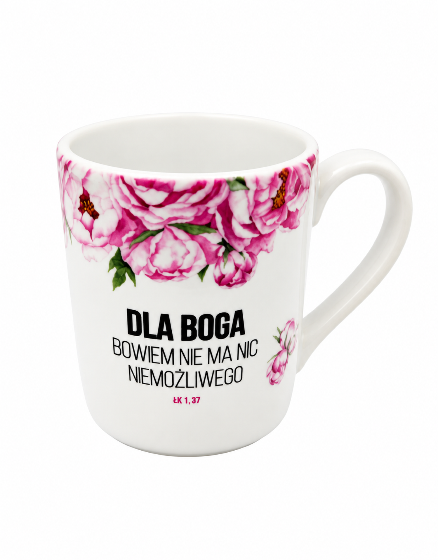 Biały kubek Dla Boga bowiem nie ma nic niemożliwego Łk 1,37 z różowymi piwoniami