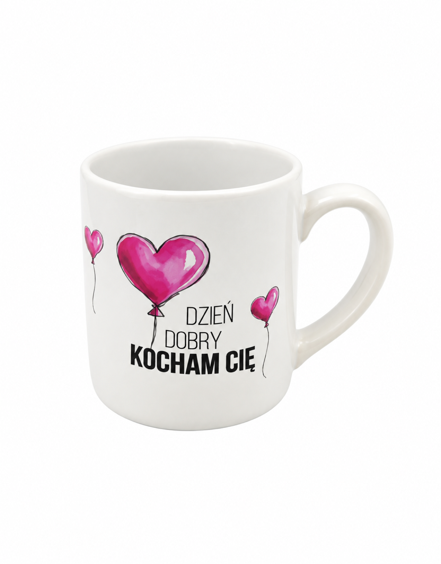 Biały kubek Dzień Dobry Kocham Cię z różowymi balonami w kształcie serc